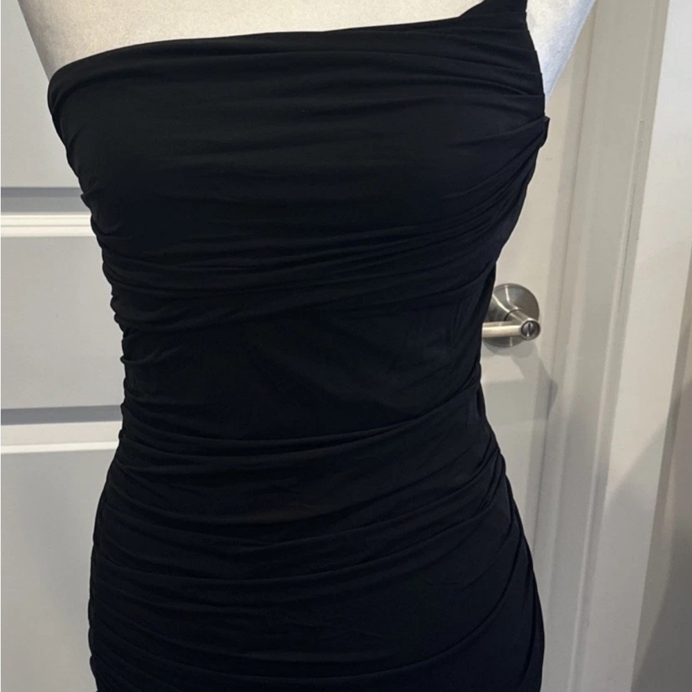 Elegant BCBG Ruched Black One-Shoulder Dress